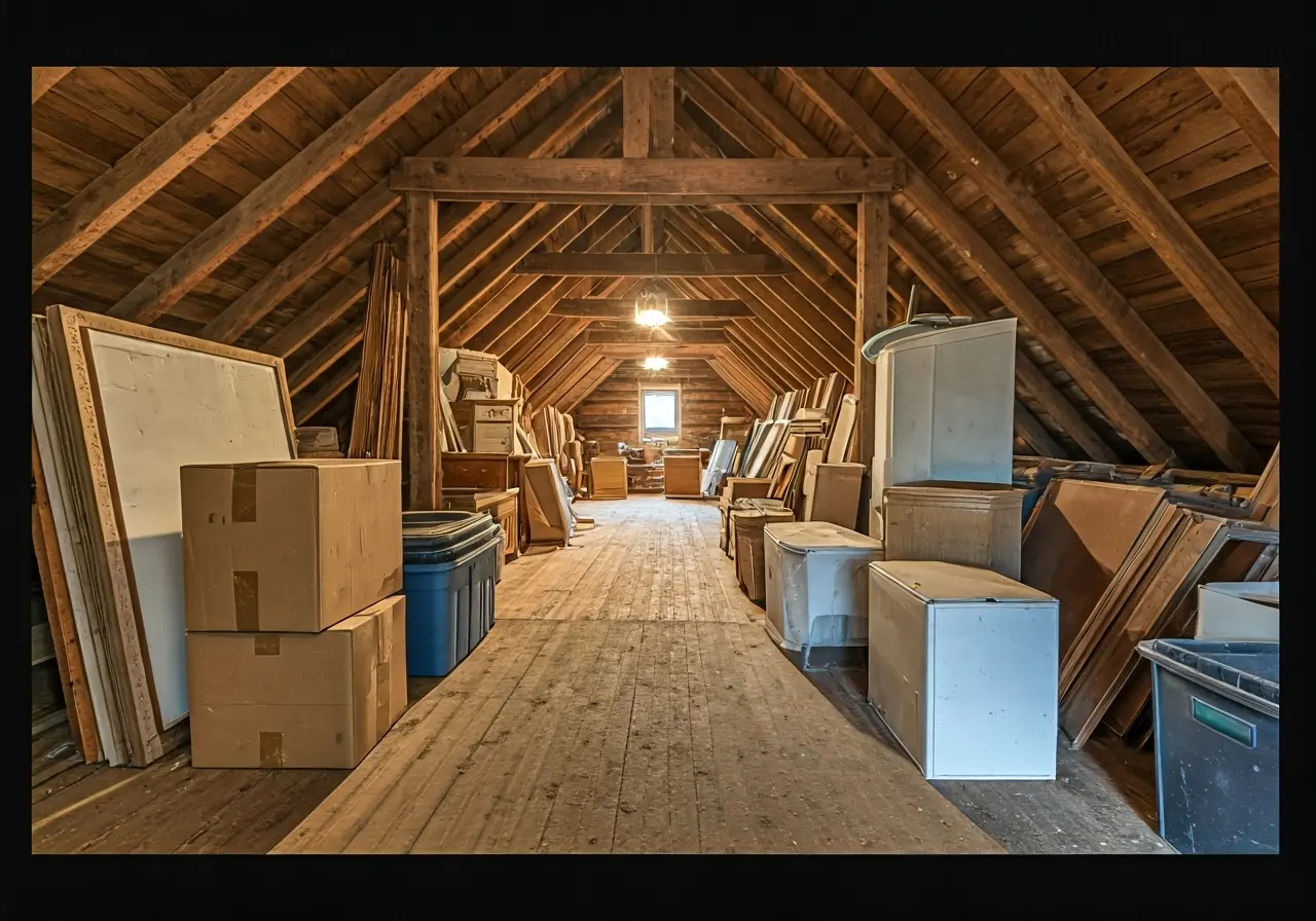 A cluttered attic filled with old furniture and boxes. 35mm stock photo