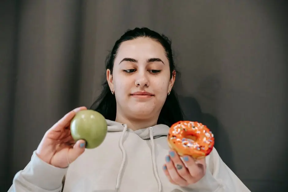A young woman ponders a healthy apple versus a tempting donut. Lifestyle choice dilemma.
