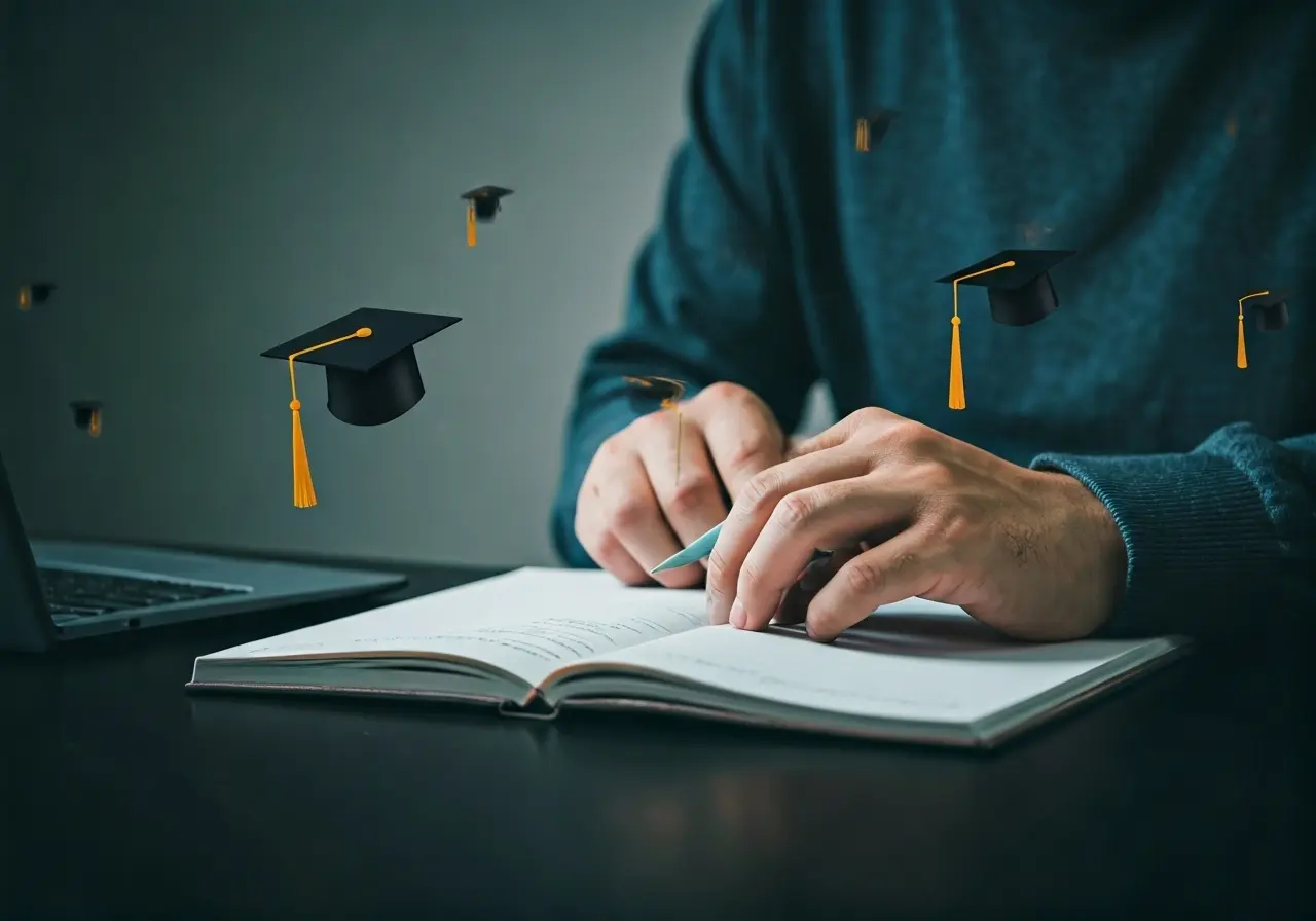 A person studying on a laptop amidst virtual graduation caps. 35mm stock photo