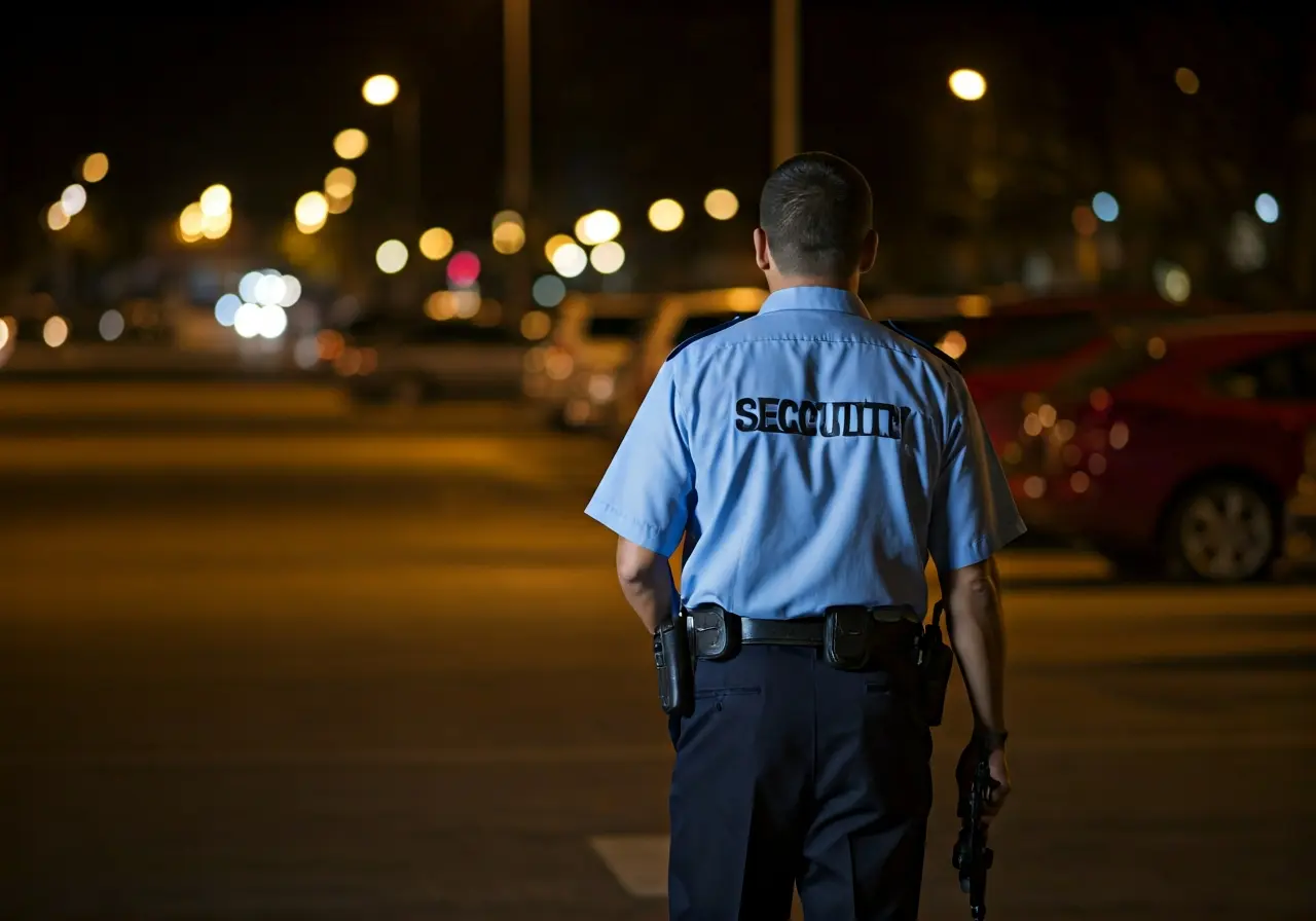 A security guard patrolling a dimly lit parking lot. 35mm stock photo