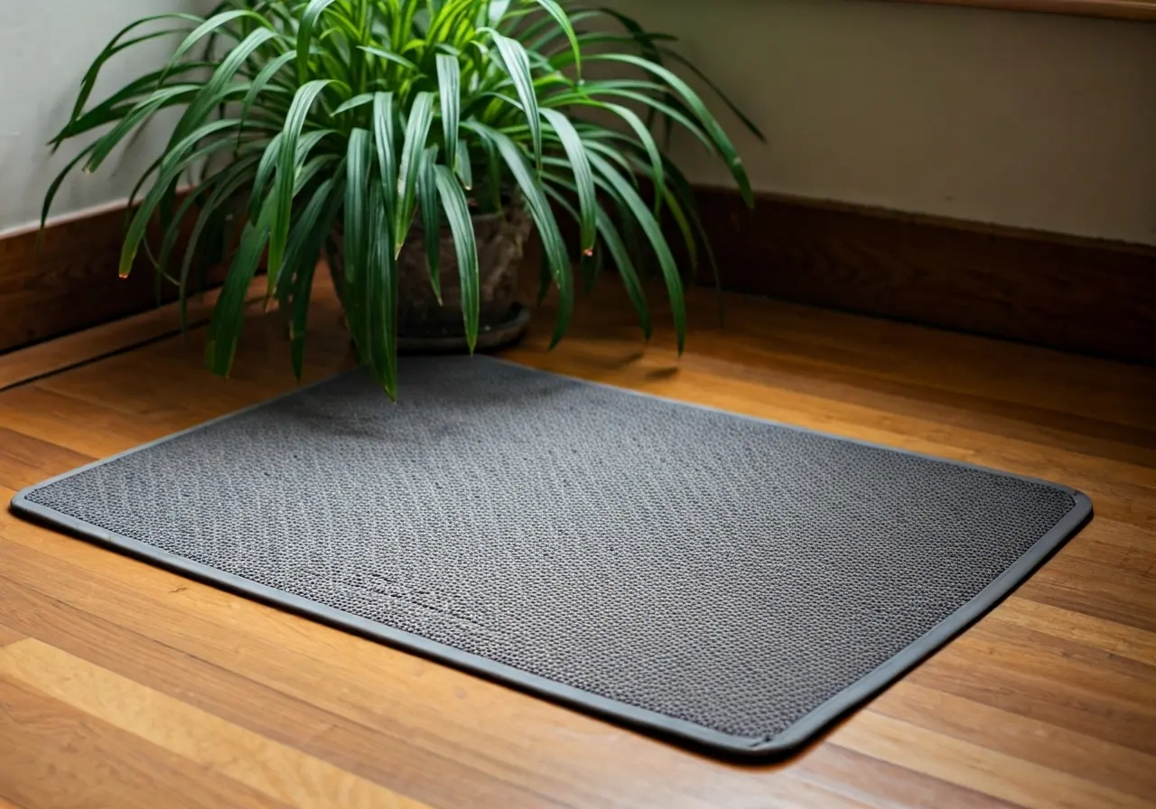 A grounding mat on a wooden floor beside a plant. 35mm stock photo