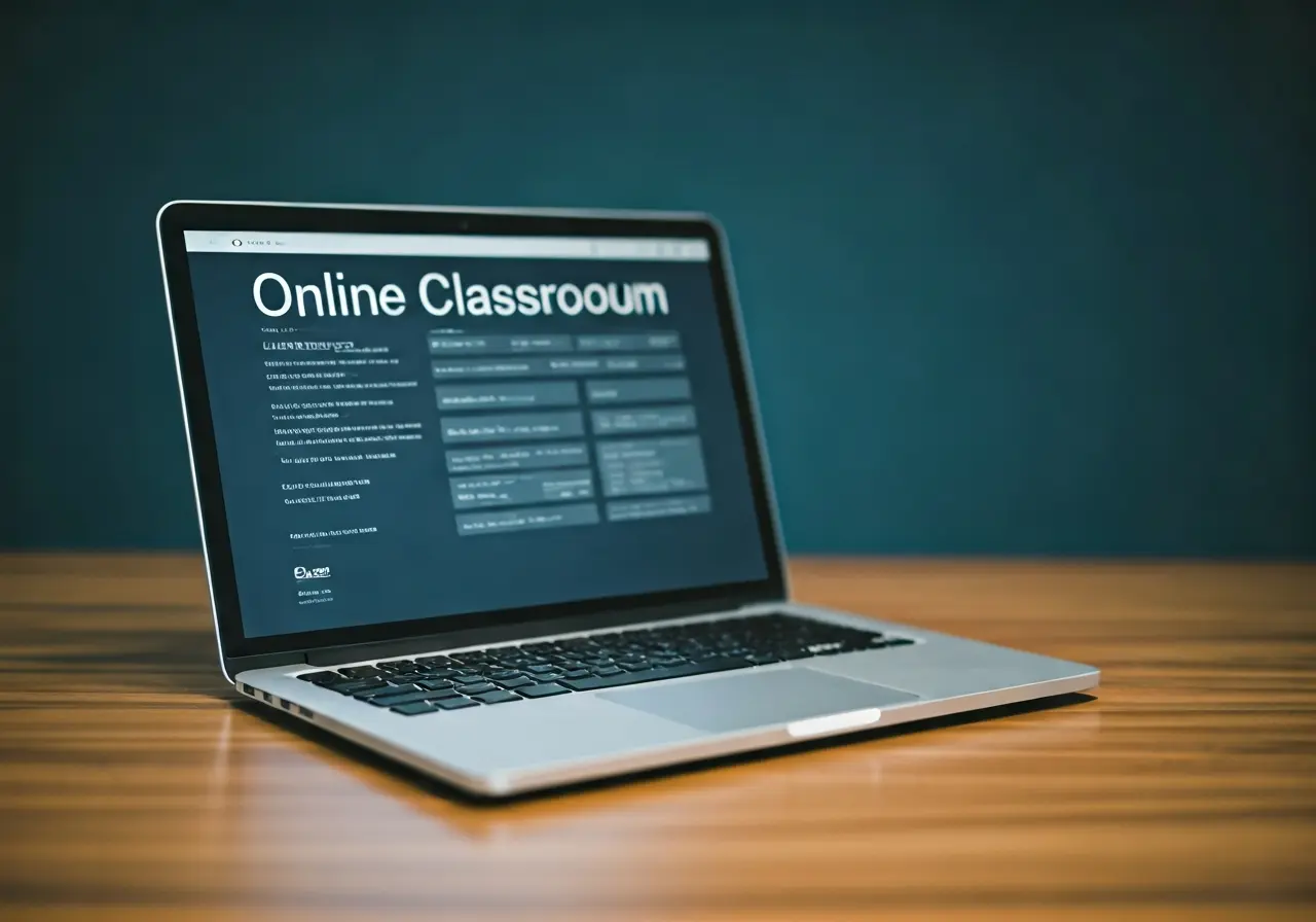 A laptop displaying an online classroom on a desk. 35mm stock photo