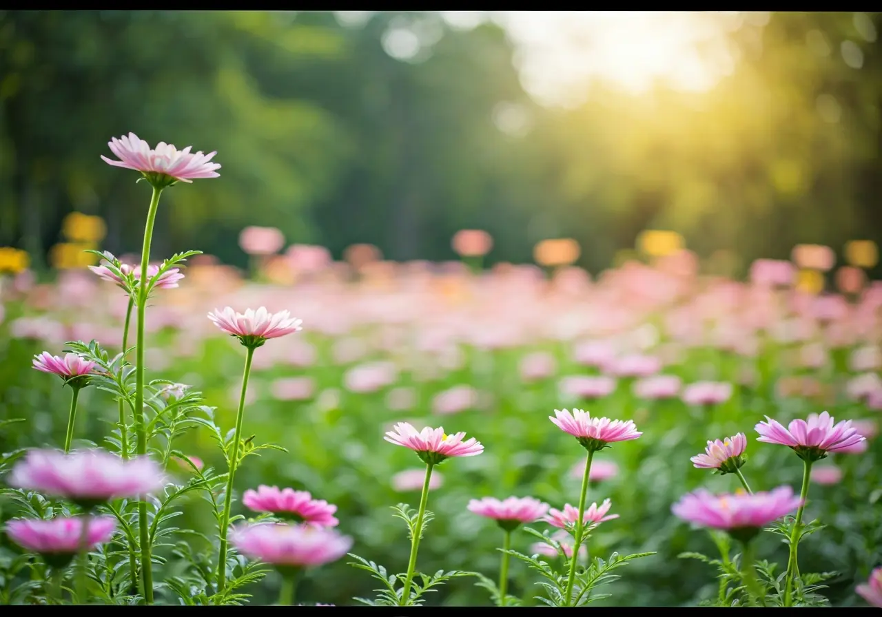 A soft-focus image of a serene, blooming flower garden. 35mm stock photo