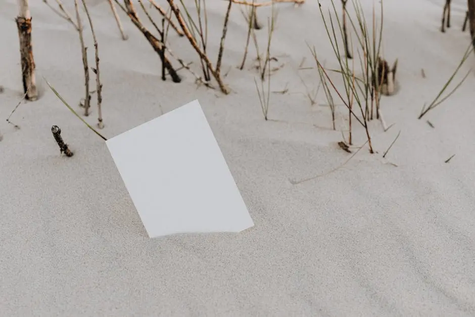Blank card mockup on sand with sparse vegetation, ideal for design templates.