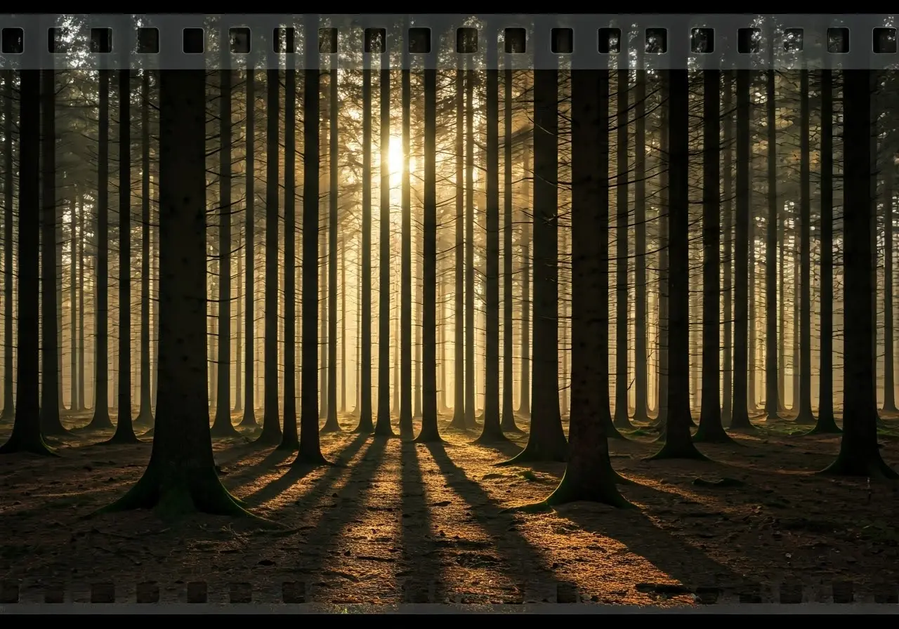 A serene forest with sunlight filtering through tall trees. 35mm stock photo