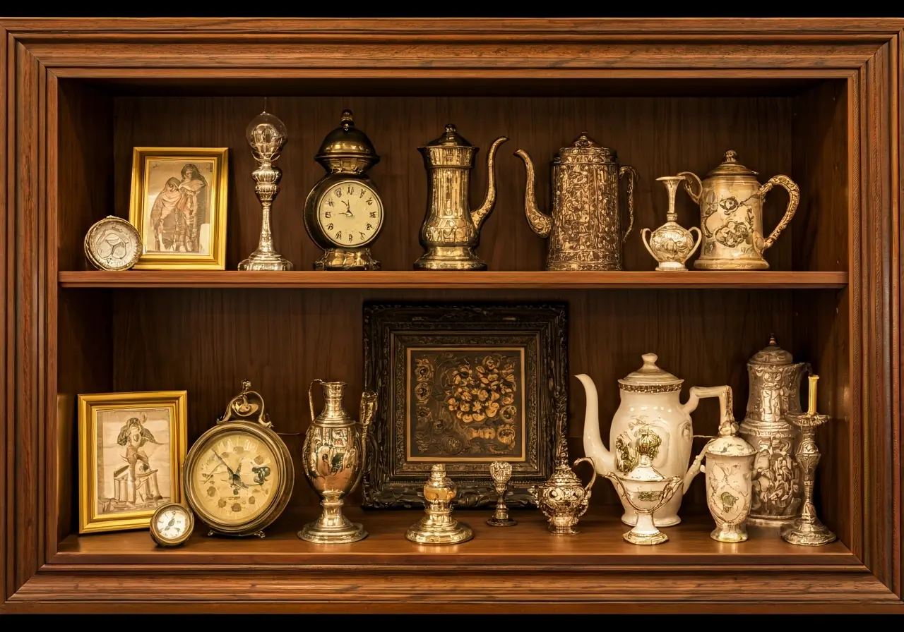 A variety of antique items displayed on elegant wooden shelves. 35mm stock photo