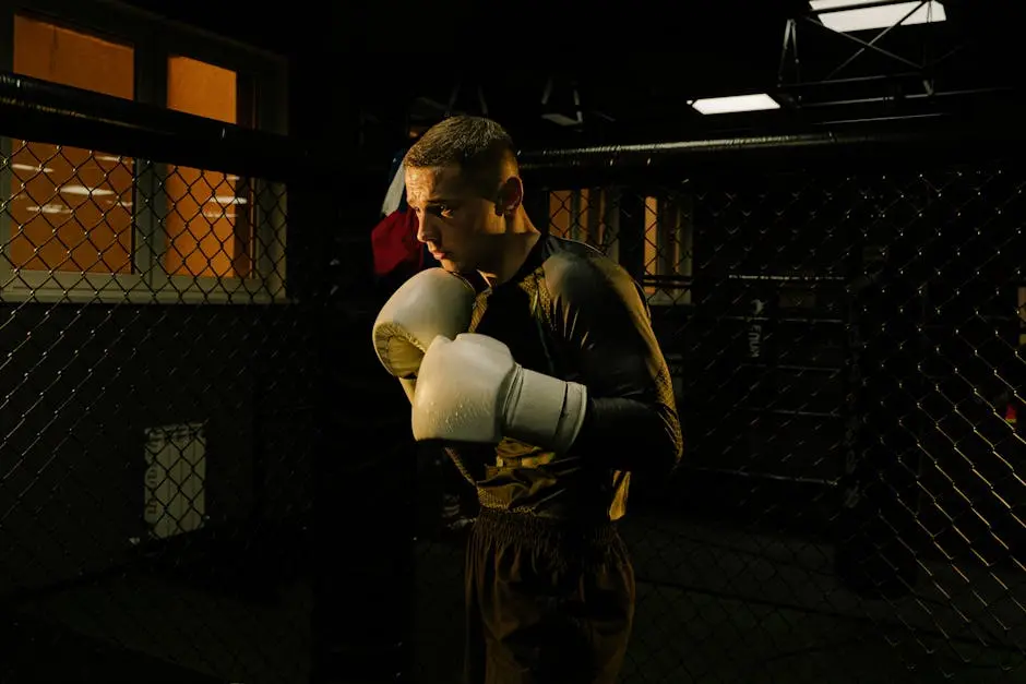 Focused boxer practicing in a dim-lit gym cage, showcasing determination and skill.