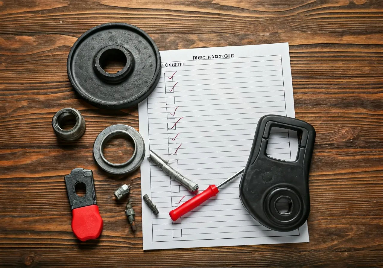 A neatly arranged set of car maintenance tools and checklist. 35mm stock photo