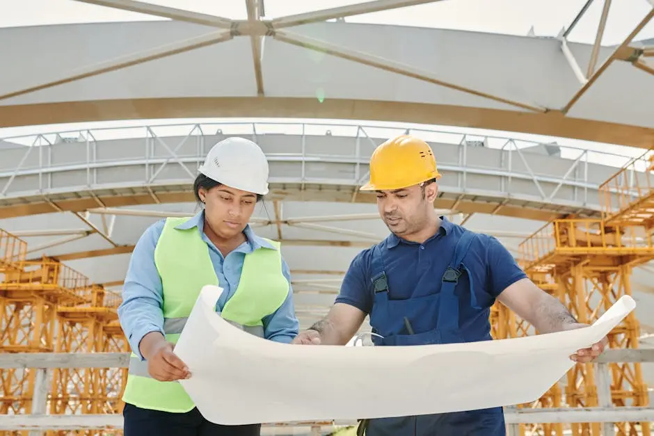 Male and female engineers discussing blueprints at a construction site, promoting teamwork and planning.
