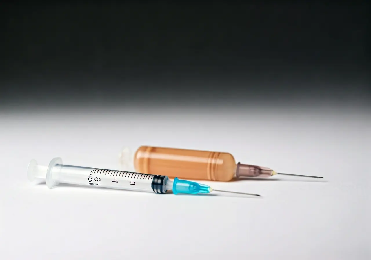 A close-up of syringe and dermal filler on white background. 35mm stock photo