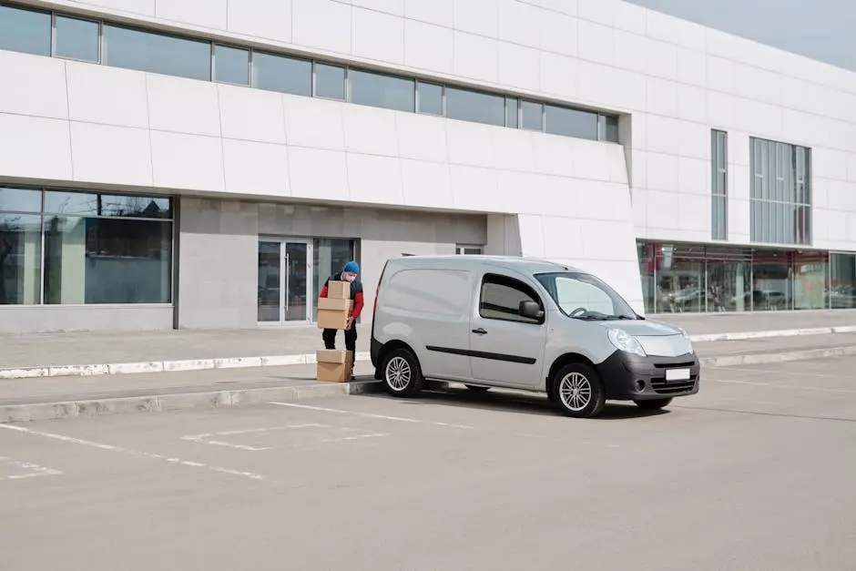 Delivery person with mask carrying boxes to a van outside a commercial building.