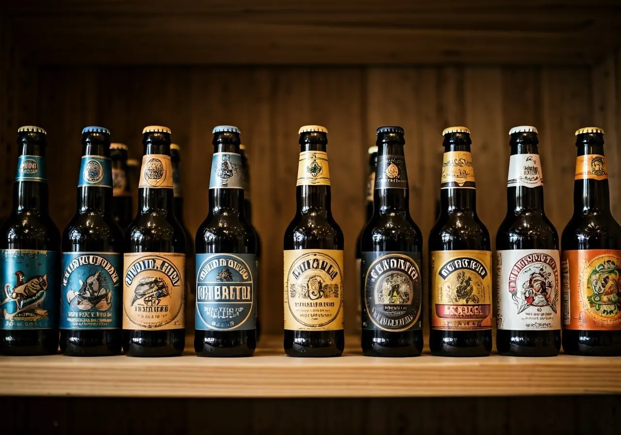 A variety of colorful craft beer bottles and cans on shelves. 35mm stock photo