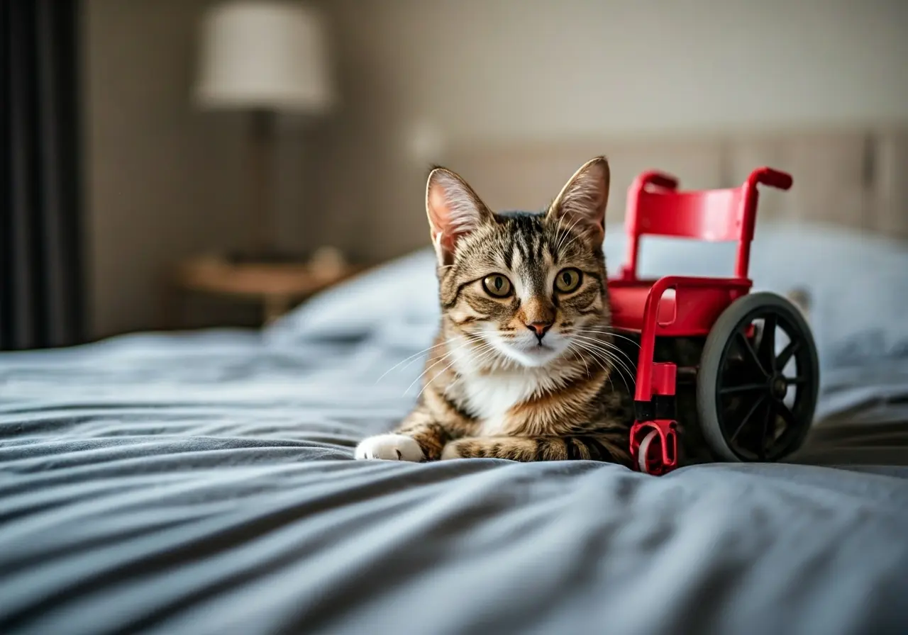A cozy cat with a wheelchair lying on a bed. 35mm stock photo