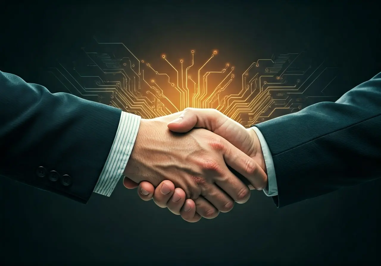 Two hands shaking in front of a glowing circuit board. 35mm stock photo