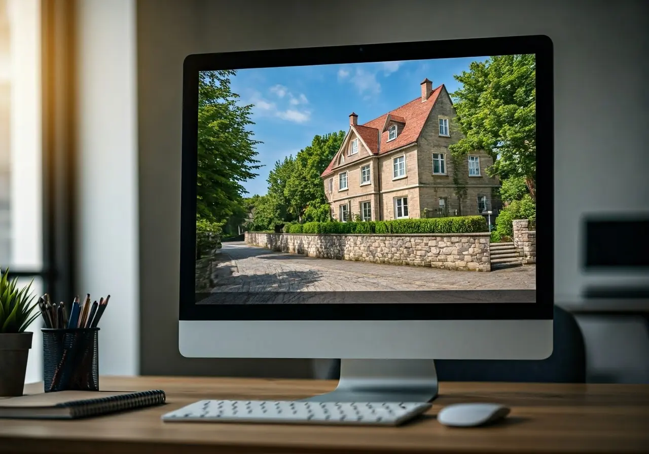 Virtual home tour on a computer screen in modern office. 35mm stock photo