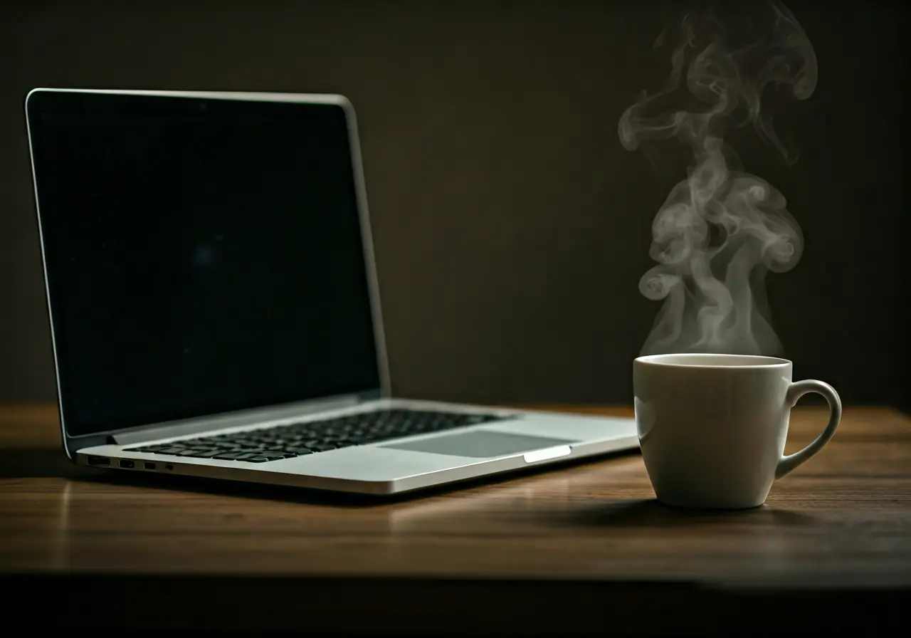 A laptop on a wooden desk beside a steaming coffee mug. 35mm stock photo