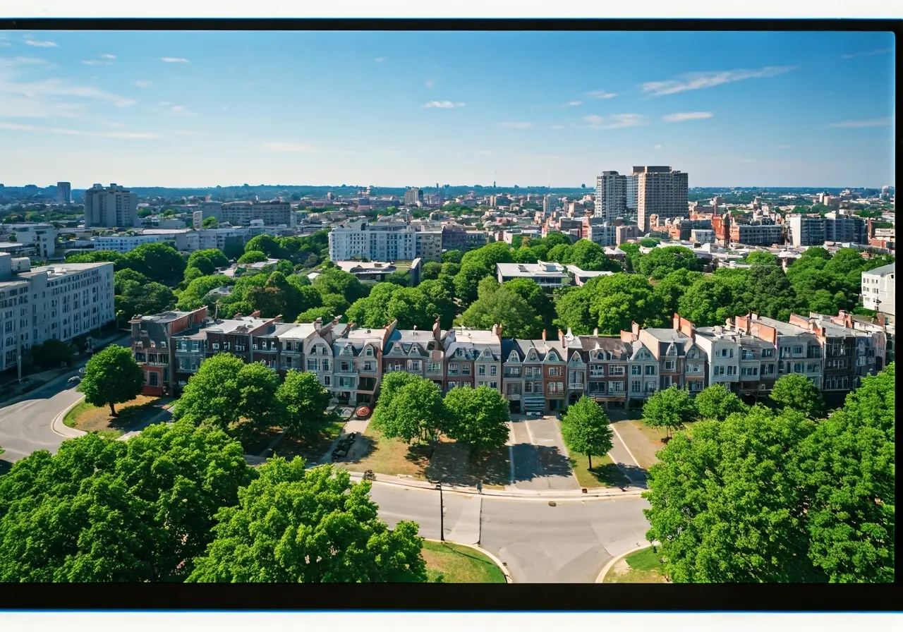 An aerial view of houses in the District of Columbia. 35mm stock photo