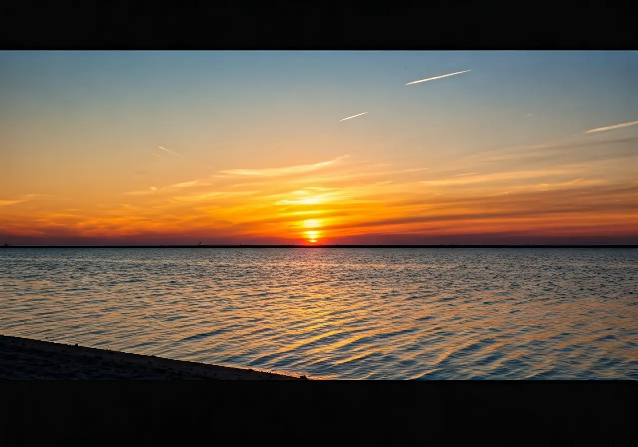 A serene sunset over a peaceful, quiet landscape. 35mm stock photo