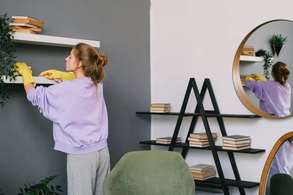 A woman cleans shelves in a stylish living room with mirrors and decor.