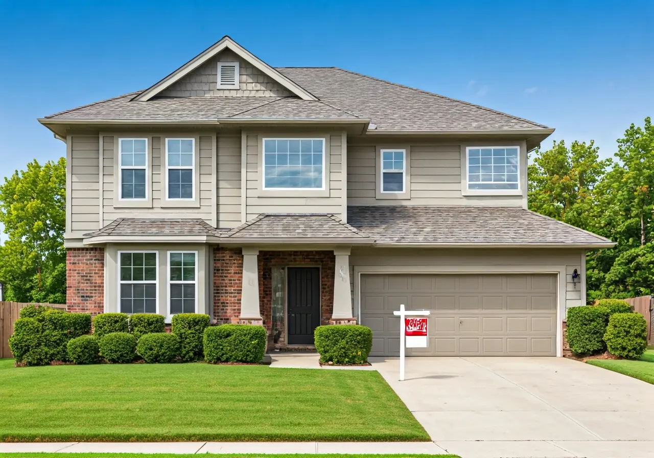 A cozy house with a For Sale sign outside. 35mm stock photo
