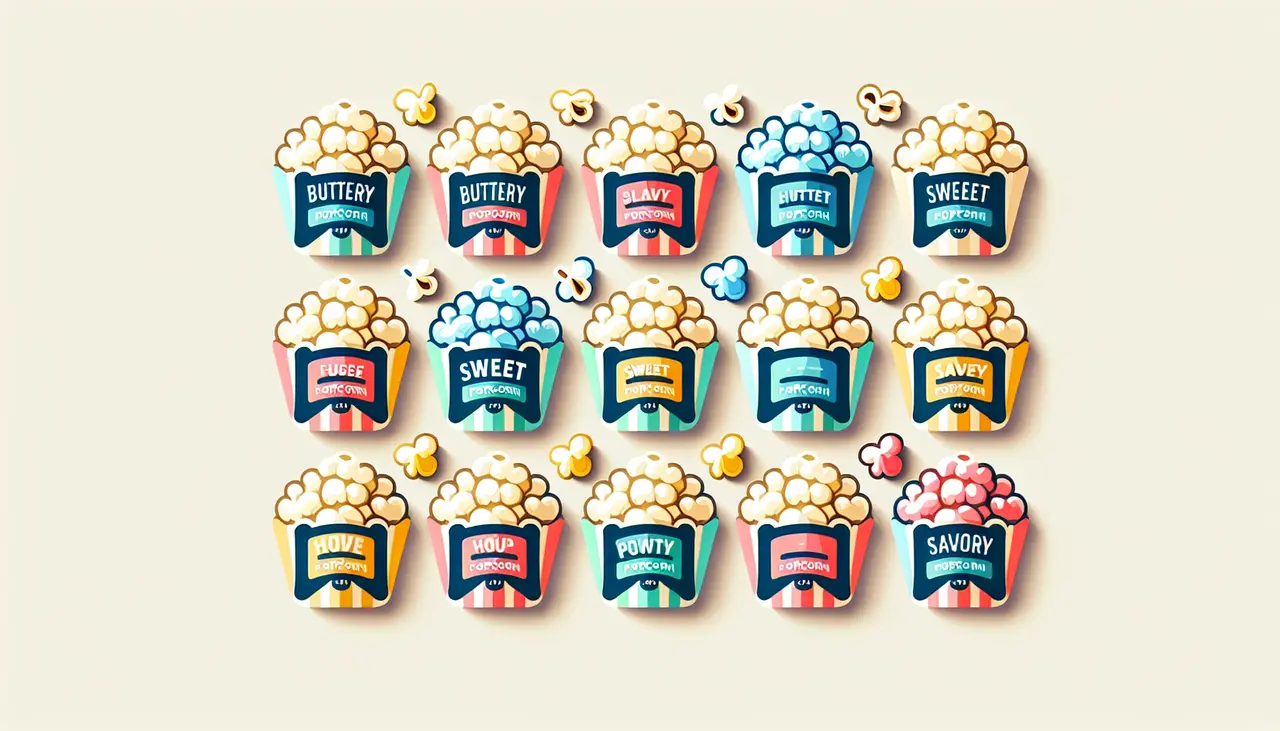 Draw a graphic in flat design style. A flat design illustration of a variety of popcorn kernels, each labeled with different flavor notes, like buttery, sweet, and savory, arranged neatly in a row on a plain background.