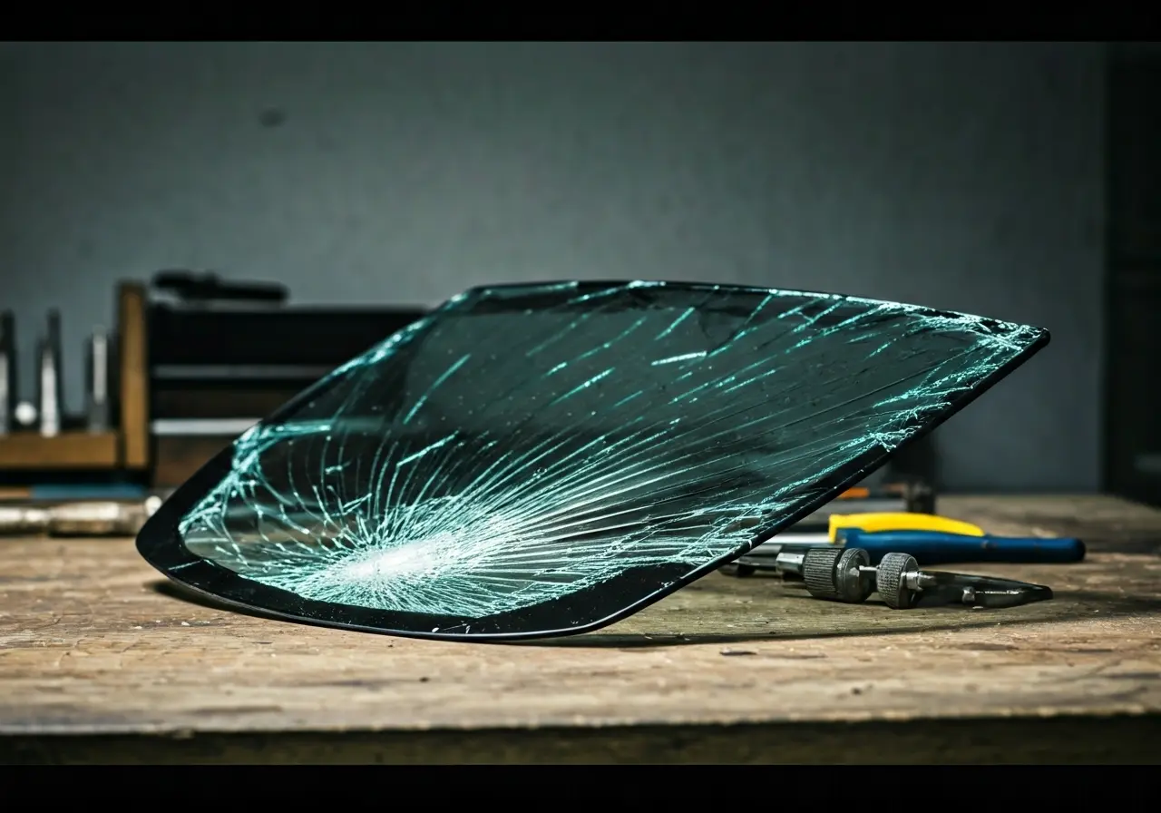 A cracked windshield with repair tools on a workbench. 35mm stock photo