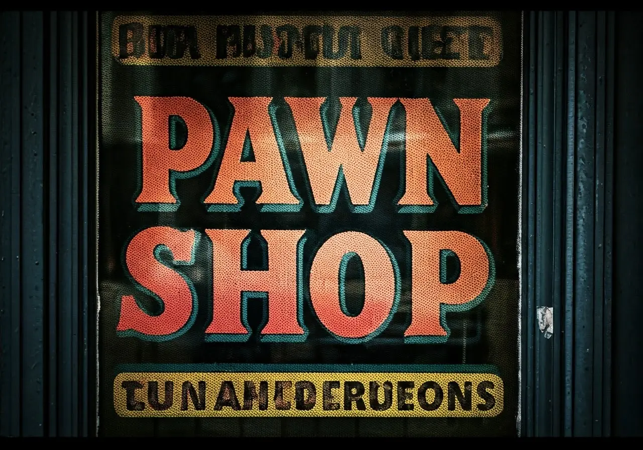 A close-up of a pawn shop window with colorful signage. 35mm stock photo