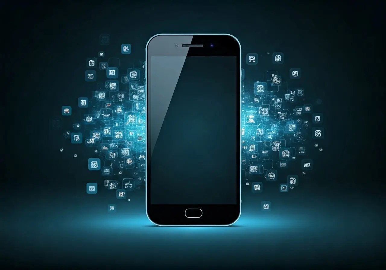 An abstract image of a smartphone surrounded by digital icons. 35mm stock photo