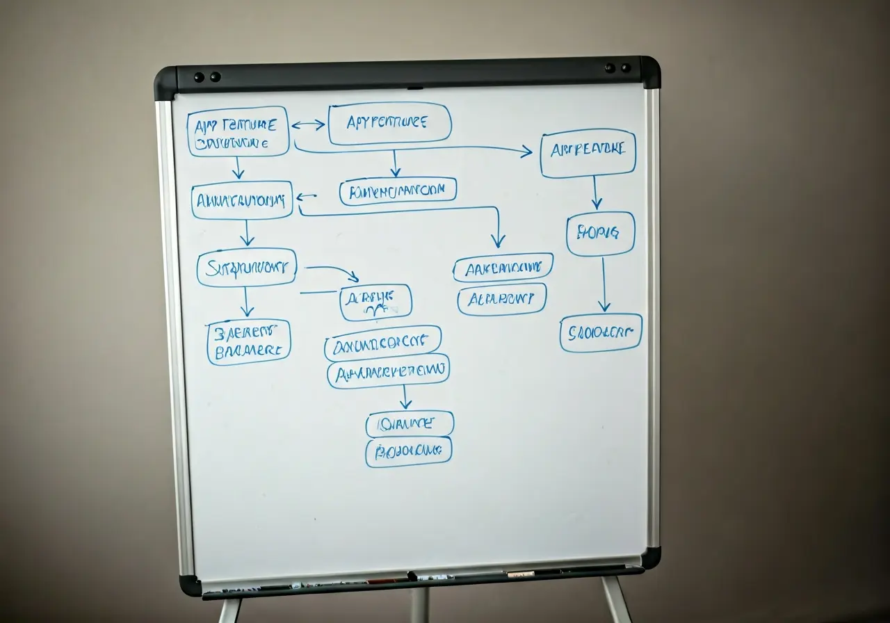 A flowchart of app feature prioritization on a whiteboard. 35mm stock photo