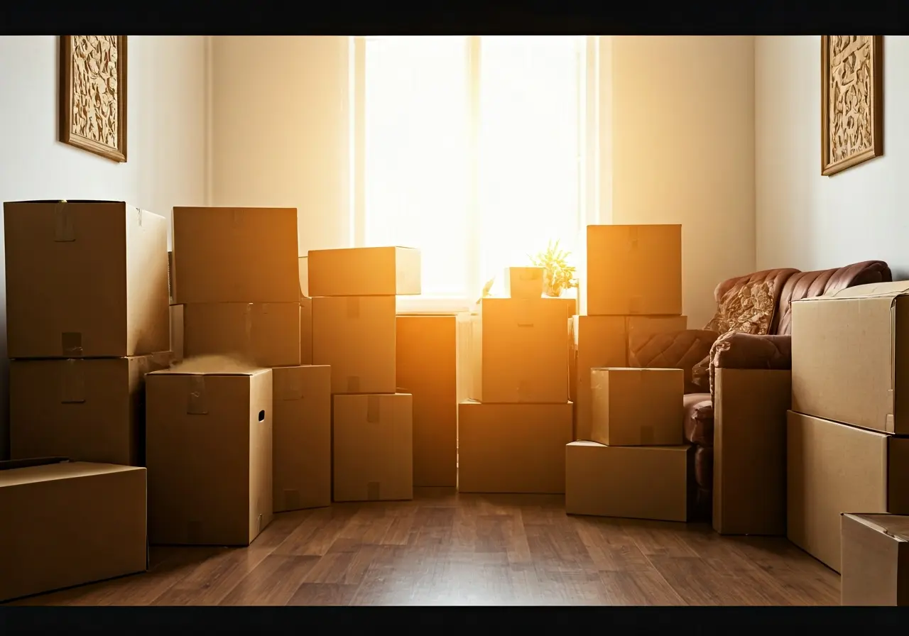 A cluttered room filled with assorted boxes and furniture. 35mm stock photo
