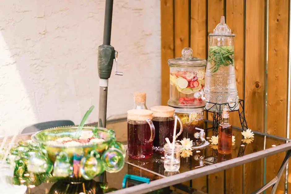 Outdoor beverage station featuring infused waters, herbal drinks, and glass containers on a sunny day.