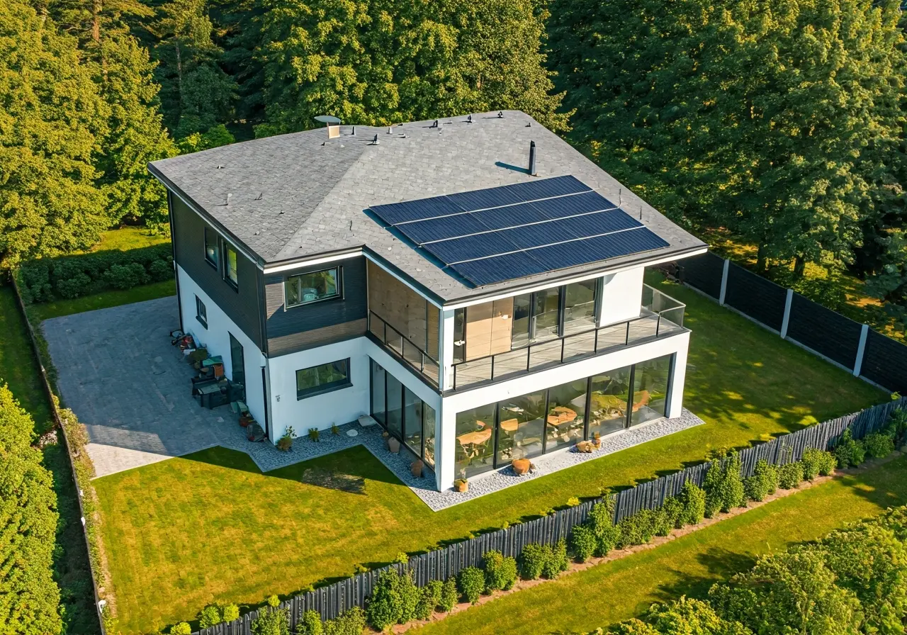 Aerial view of a modern house with solar panels. 35mm stock photo