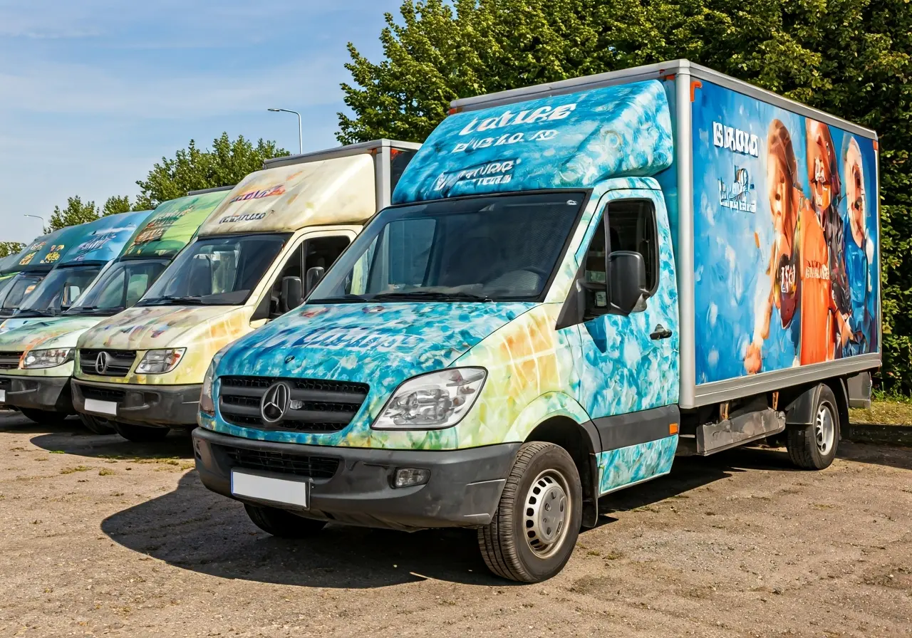 Several commercial vehicles with colorful advertising wraps parked outdoors. 35mm stock photo