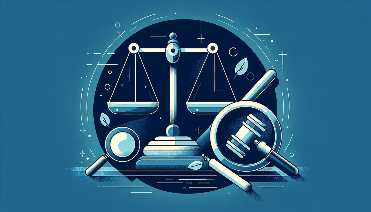 Draw a graphic in flat design style. A flat design illustration of a balanced scale, a gavel, and a magnifying glass on a crisp blue and white background, symbolizing legal expertise and careful selection.