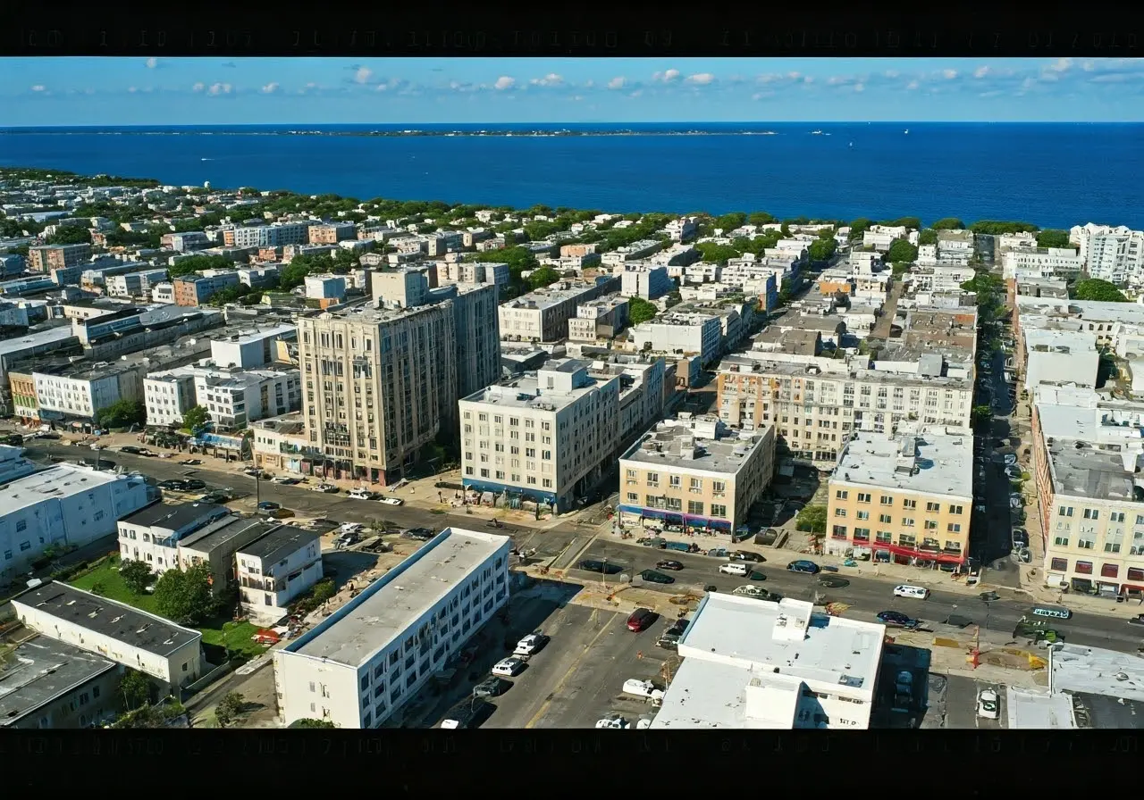 Aerial view of Long Island with focus on busy storefronts. 35mm stock photo