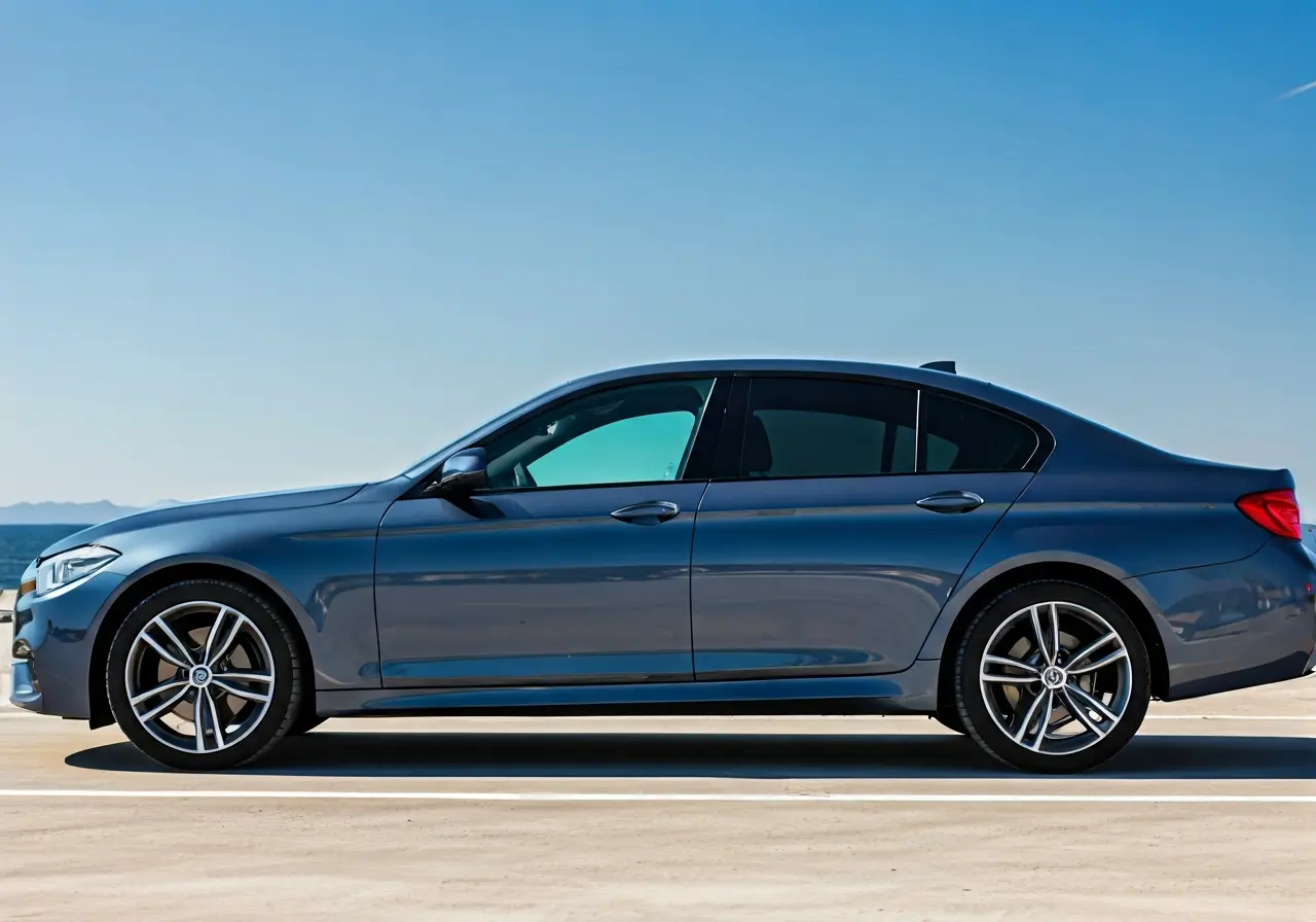 A car with tinted windows parked in a sunny area. 35mm stock photo
