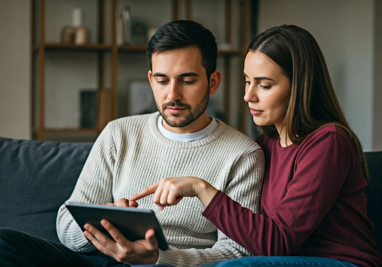 A couple using a tablet for online therapy at home. 35mm stock photo
