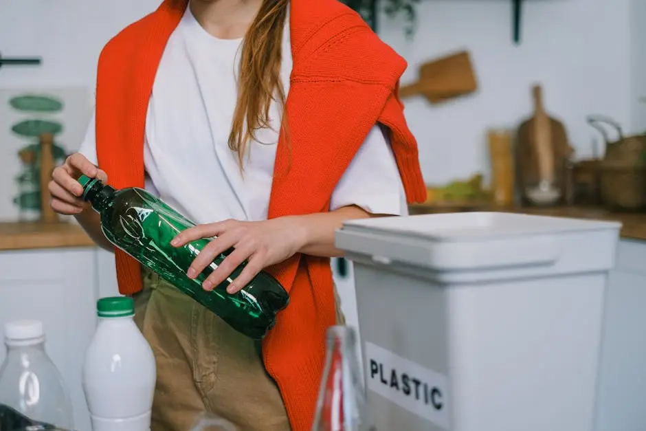 Woman sorting plastic bottles into a recycling bin, promoting eco-friendly practices at home.