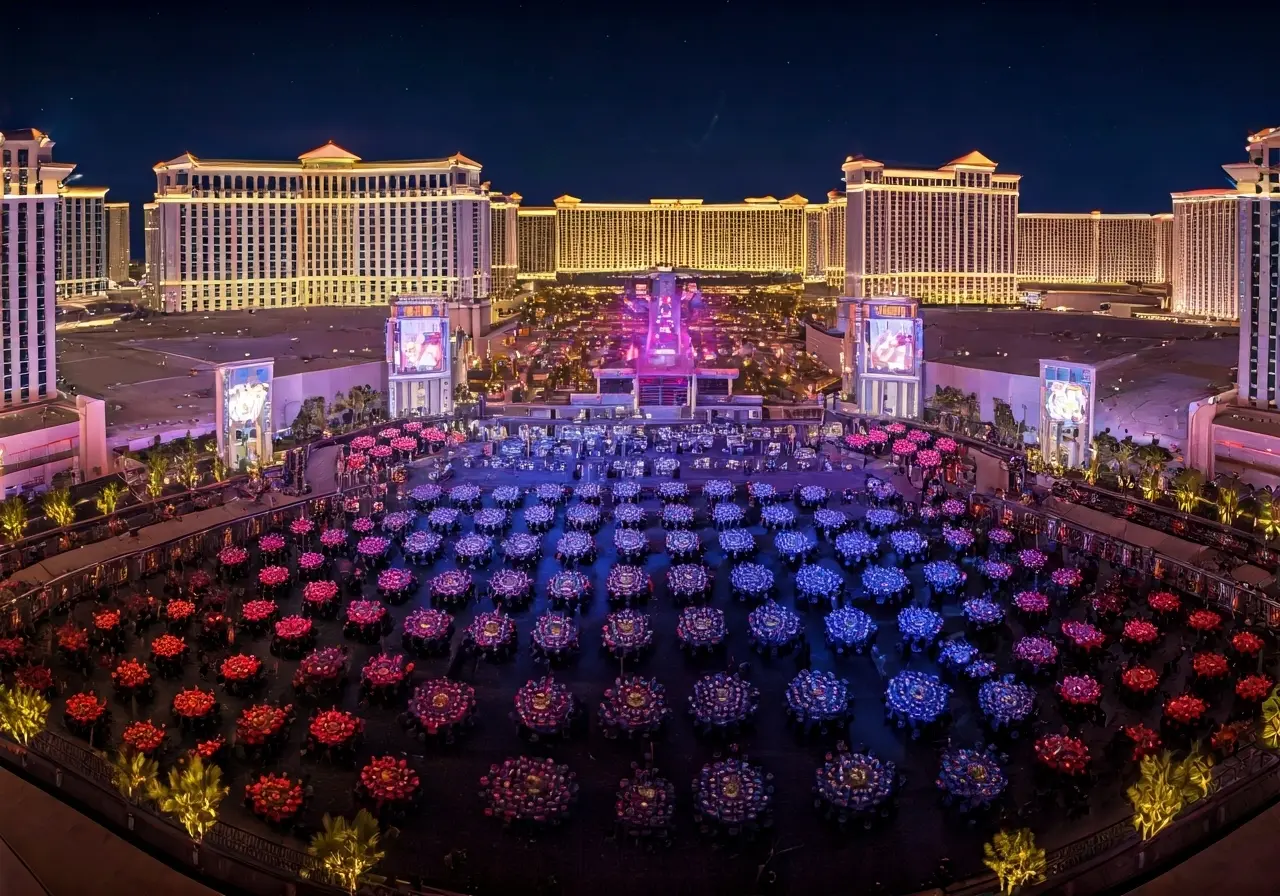 Aerial view of a vibrant Las Vegas event venue. 35mm stock photo
