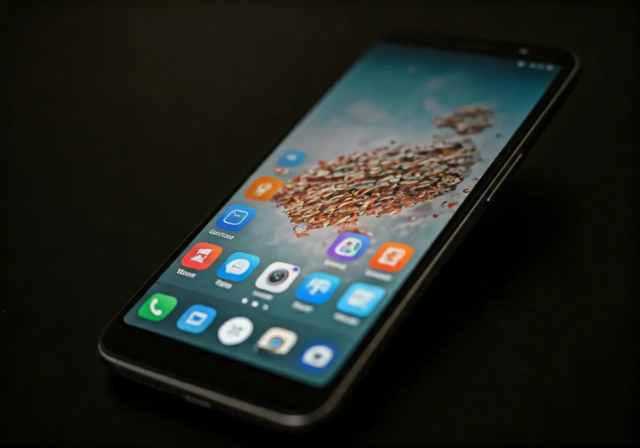 A smartphone displaying various colorful app icons on-screen. 35mm stock photo