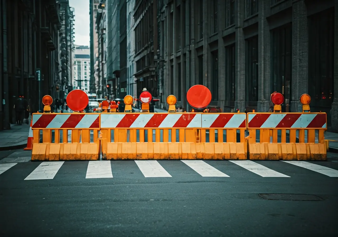 Traffic signs and barricades on a busy urban street. 35mm stock photo