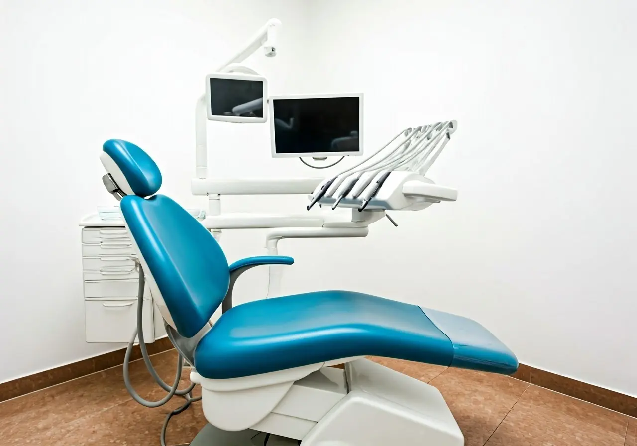 A dental chair in a well-equipped emergency dentist’s office. 35mm stock photo