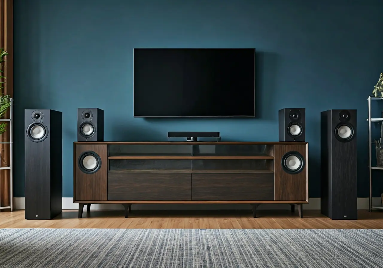 A sleek living room setup with wireless surround sound speakers. 35mm stock photo