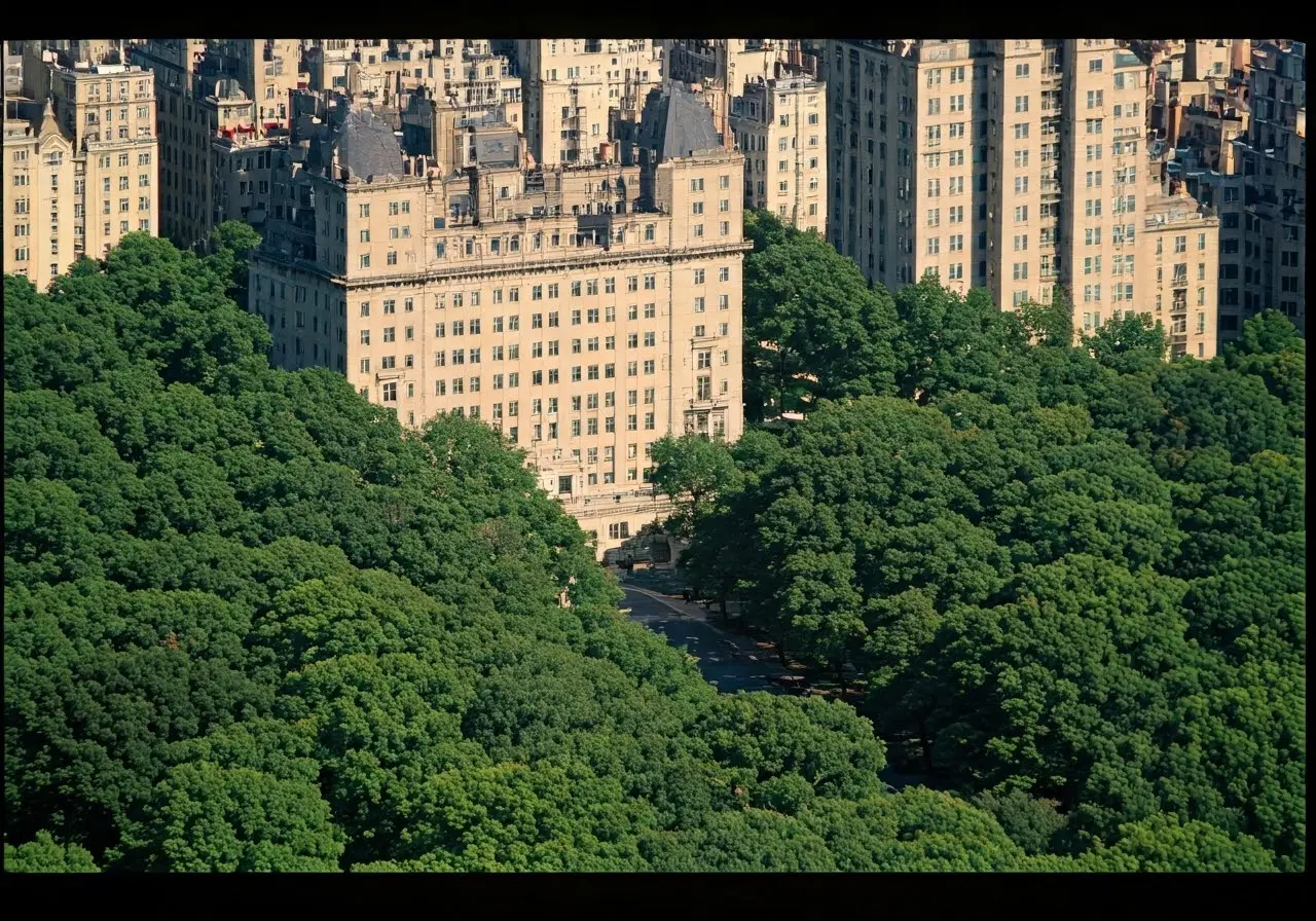 Aerial view of The Dakota building surrounded by trees. 35mm stock photo