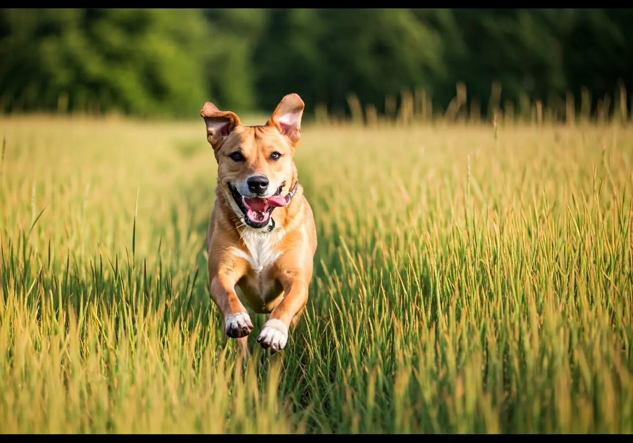 A happy dog running through a grassy field in summer. 35mm stock photo