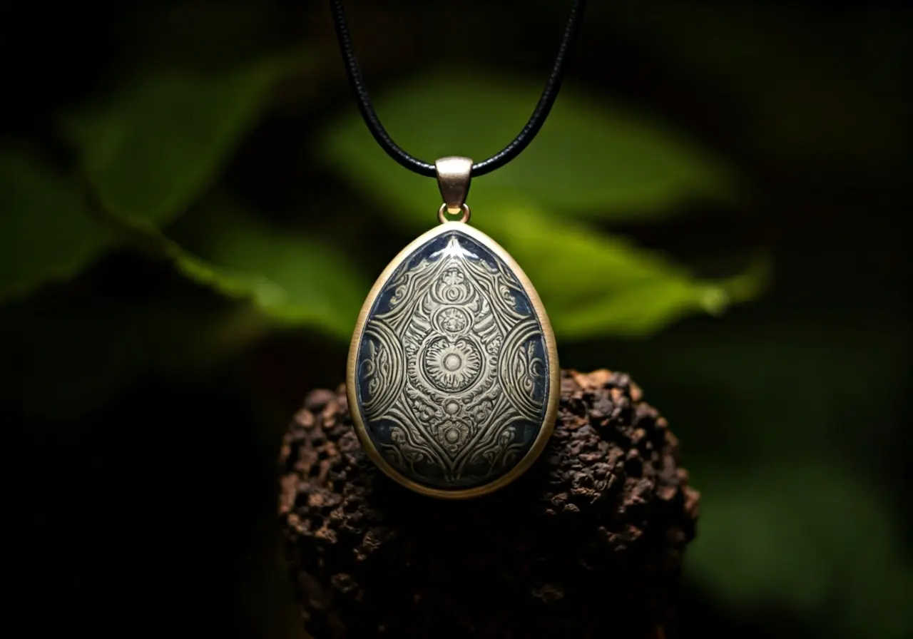 A glowing spiritual pendant on a serene natural background. 35mm stock photo