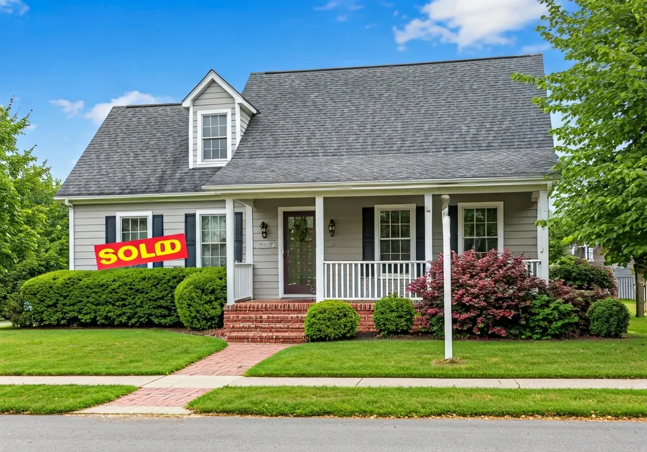A cozy Virginia home with a Sold sign in front. 35mm stock photo
