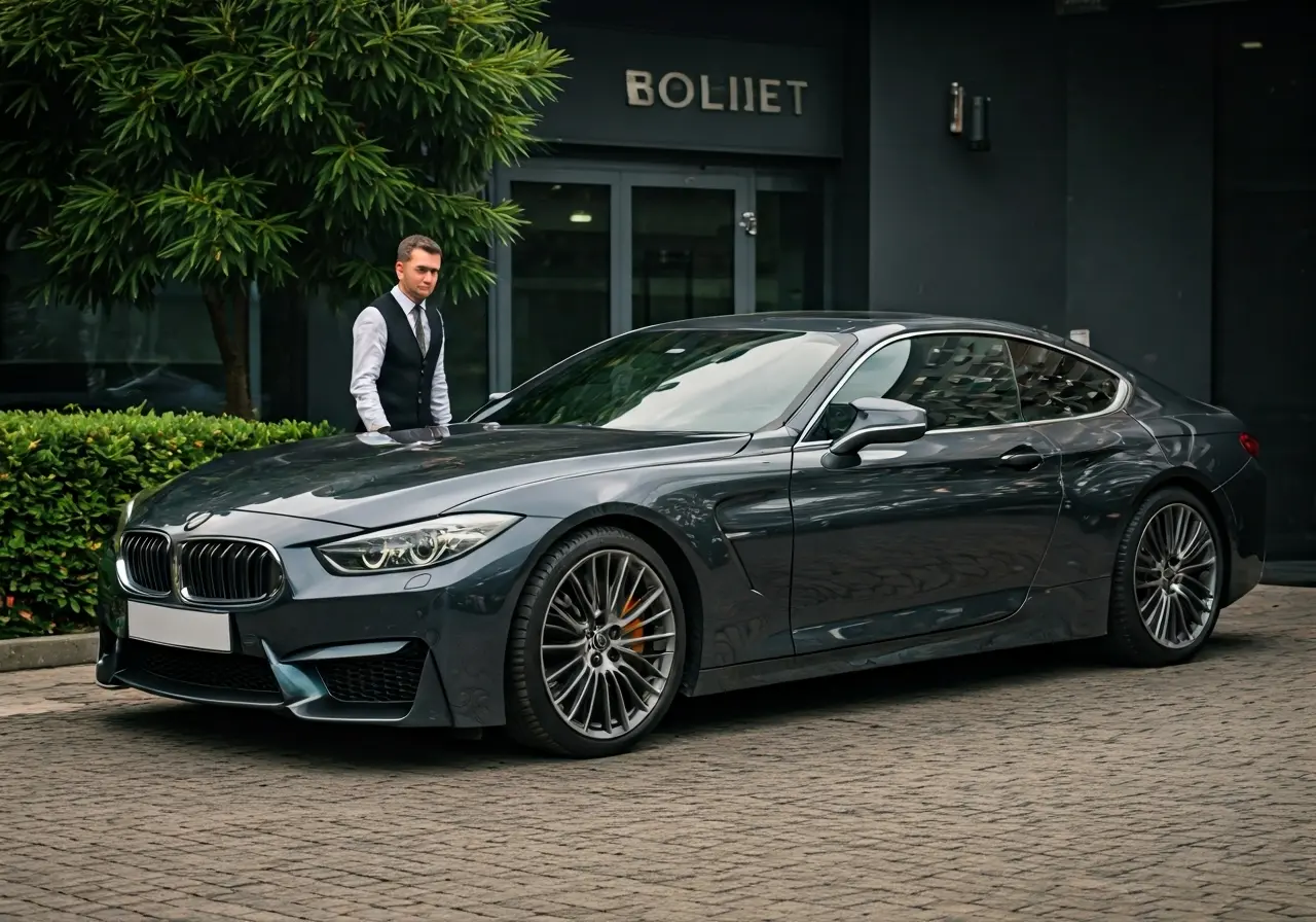 A luxury car parked beside a professional valet stand. 35mm stock photo