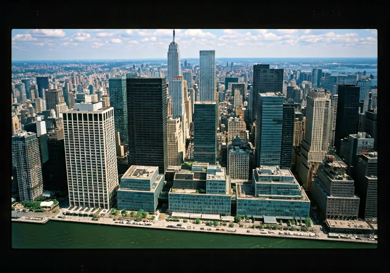 Aerial view of New York City skyline with modern condos. 35mm stock photo