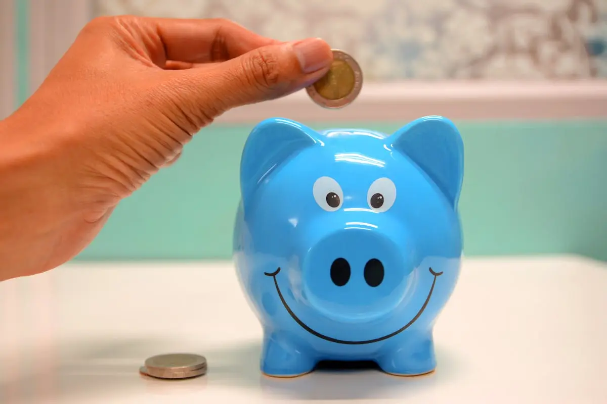 Hand inserting a coin into a blue piggy bank for savings and money management, online course.